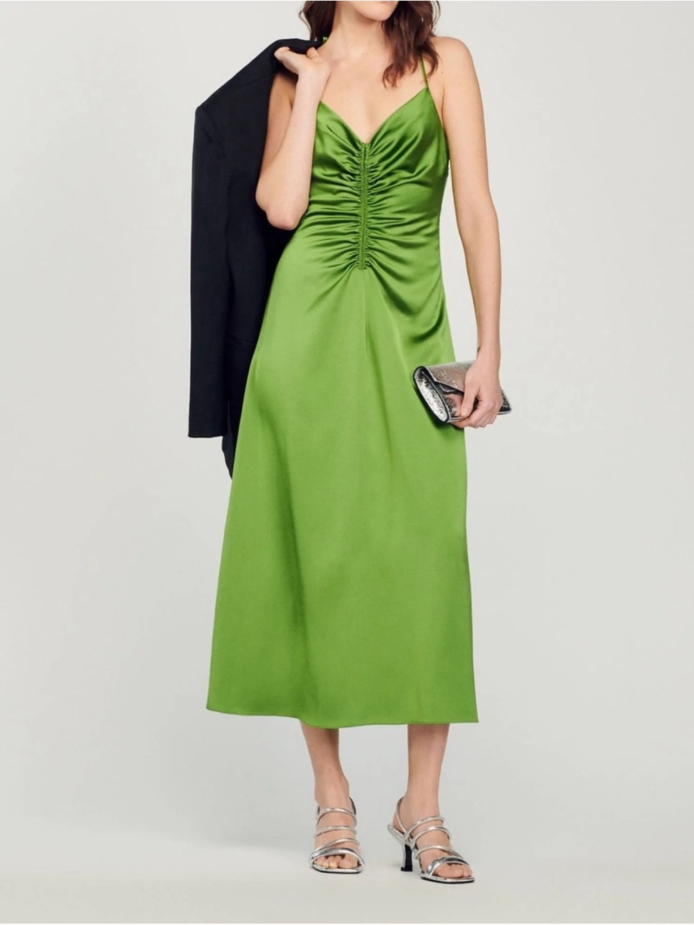 SANDRO | Bright Green Satin Ruched Tie-Shoulder Midi Dress